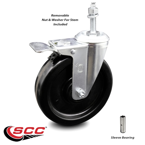 6 Inch Phenolic Swivel 3/8 Inch Threaded Stem Caster with Total Lock Brake SCC